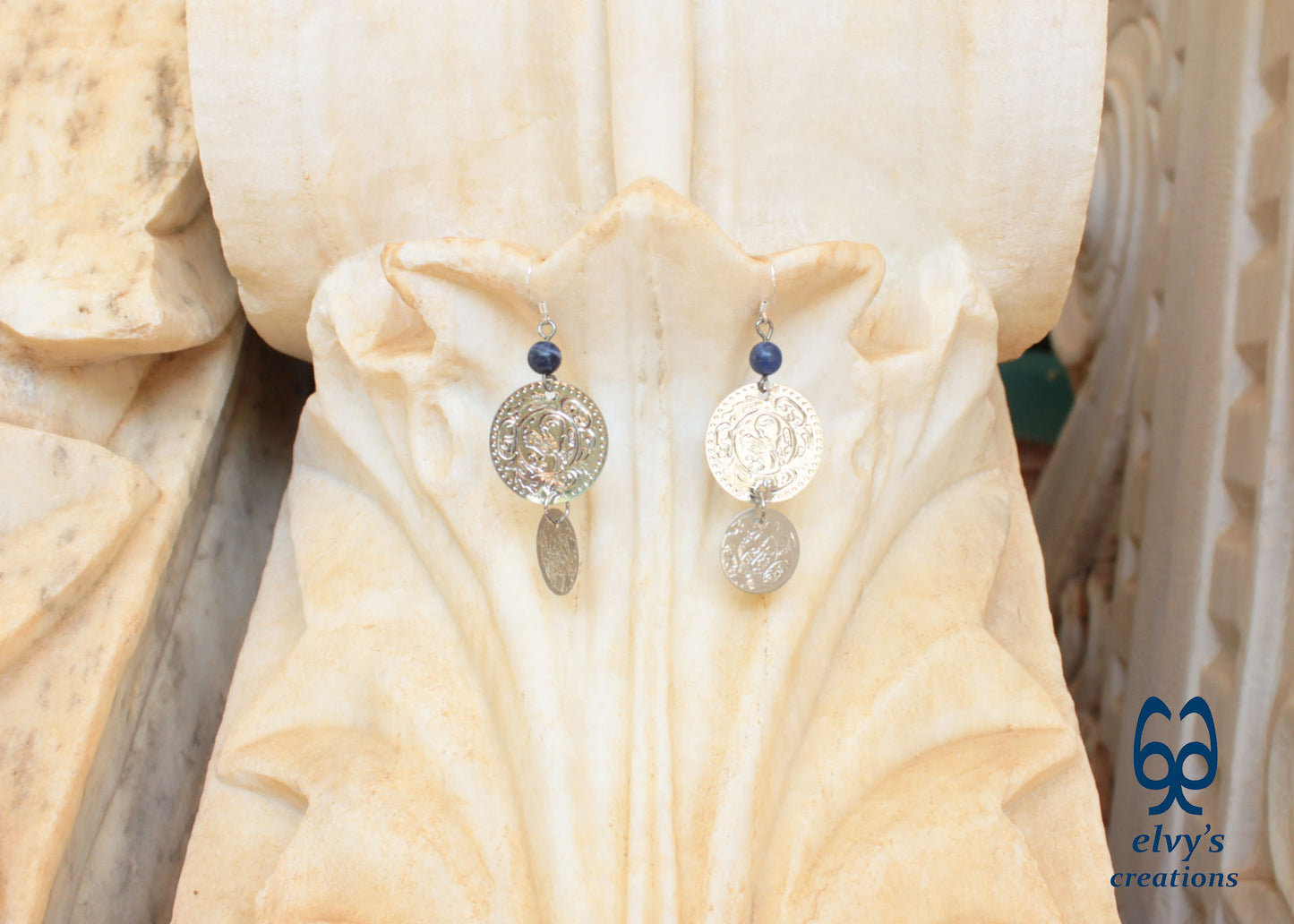 Silver Folklore Earrings Coin Dangle Drop Greek Traditional Jewelry 925 Sterling Silver Gypsy Jewelry Blue Sodalite Gemstone
