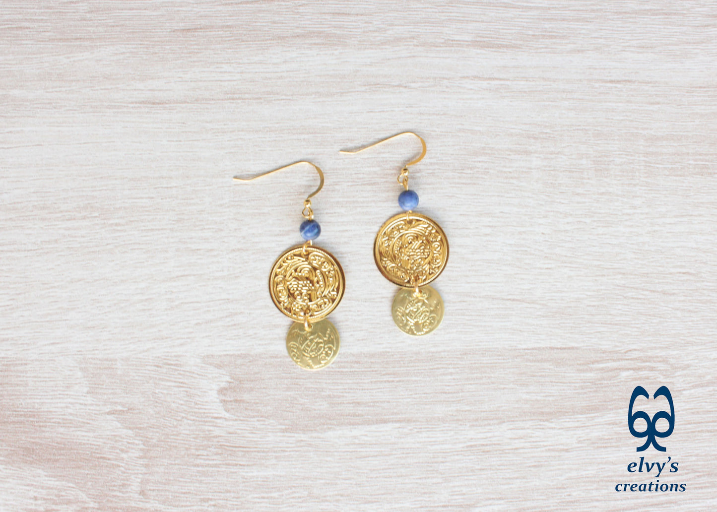 Gold Folklore Earrings, Coin Dangle Greek Traditional Jewelry, Sterling Silver Gold Plated Gypsy Jewelry, Gemstone