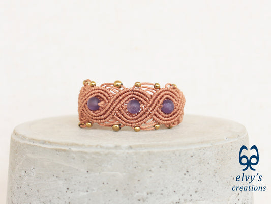 Bronze Macrame Bracelet with Amethyst and Gold Hematite Gemstones Boho Bracelet for Women