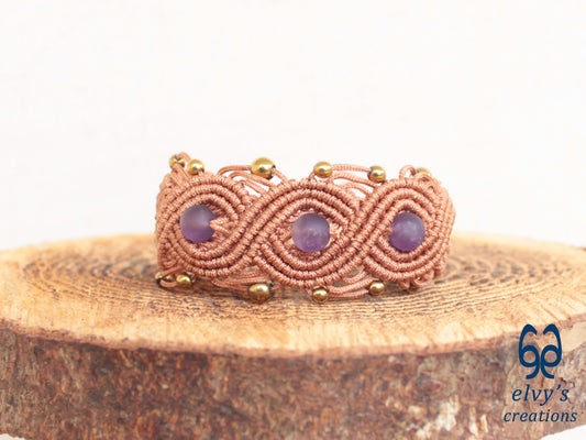 Bronze Macrame Bracelet with Amethyst and Gold Hematite Gemstones Boho Bracelet for Women