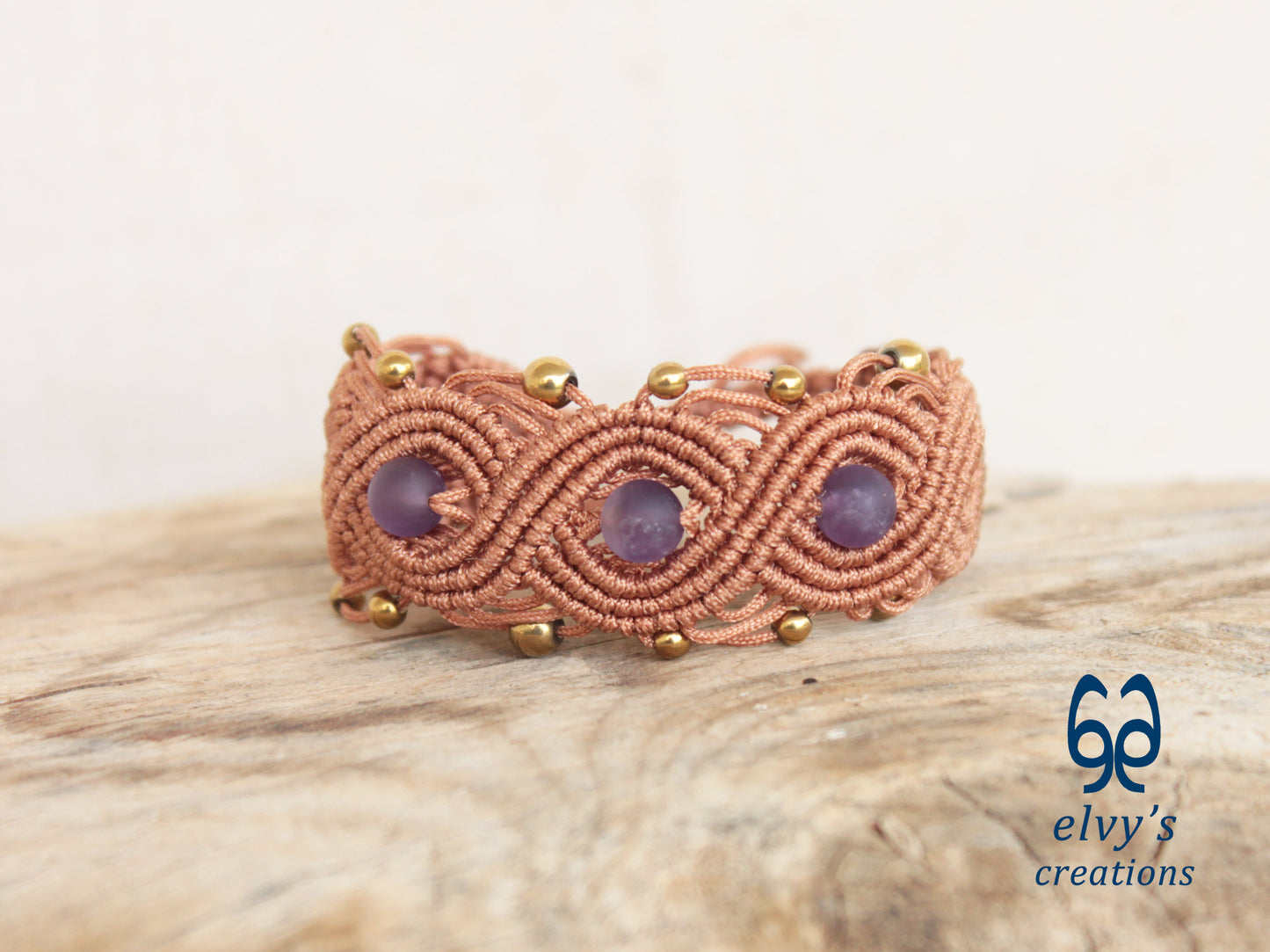 Bronze Macrame Bracelet with Amethyst and Gold Hematite Gemstones Boho Bracelet for Women