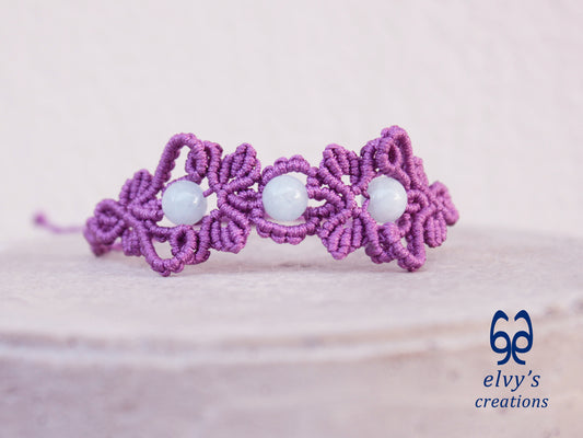 Handmade Purple Macrame Bracelet with Aquamarine Gemstones Cuff Bracelet