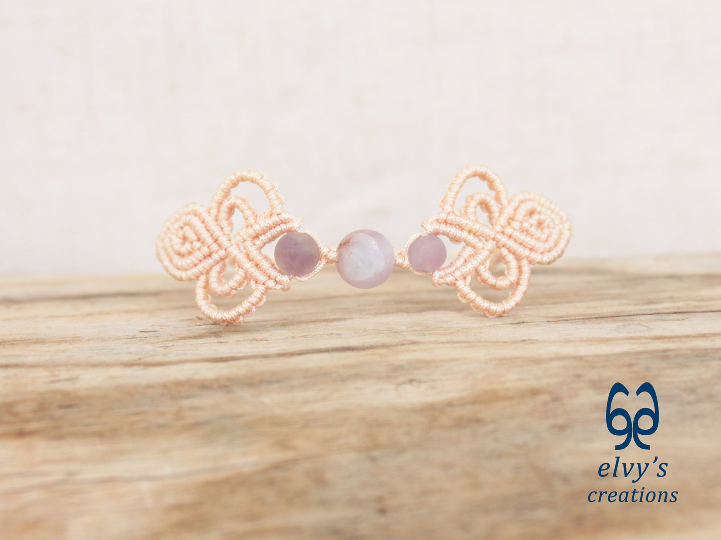 Beige Macrame Bracelet with Purple Beryl Gemstones Boho Bracelet for Women