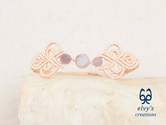 Beige Macrame Bracelet with Purple Beryl Gemstones Boho Bracelet for Women