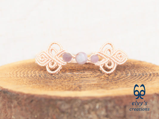 Beige Macrame Bracelet with Purple Beryl Gemstones Boho Bracelet for Women