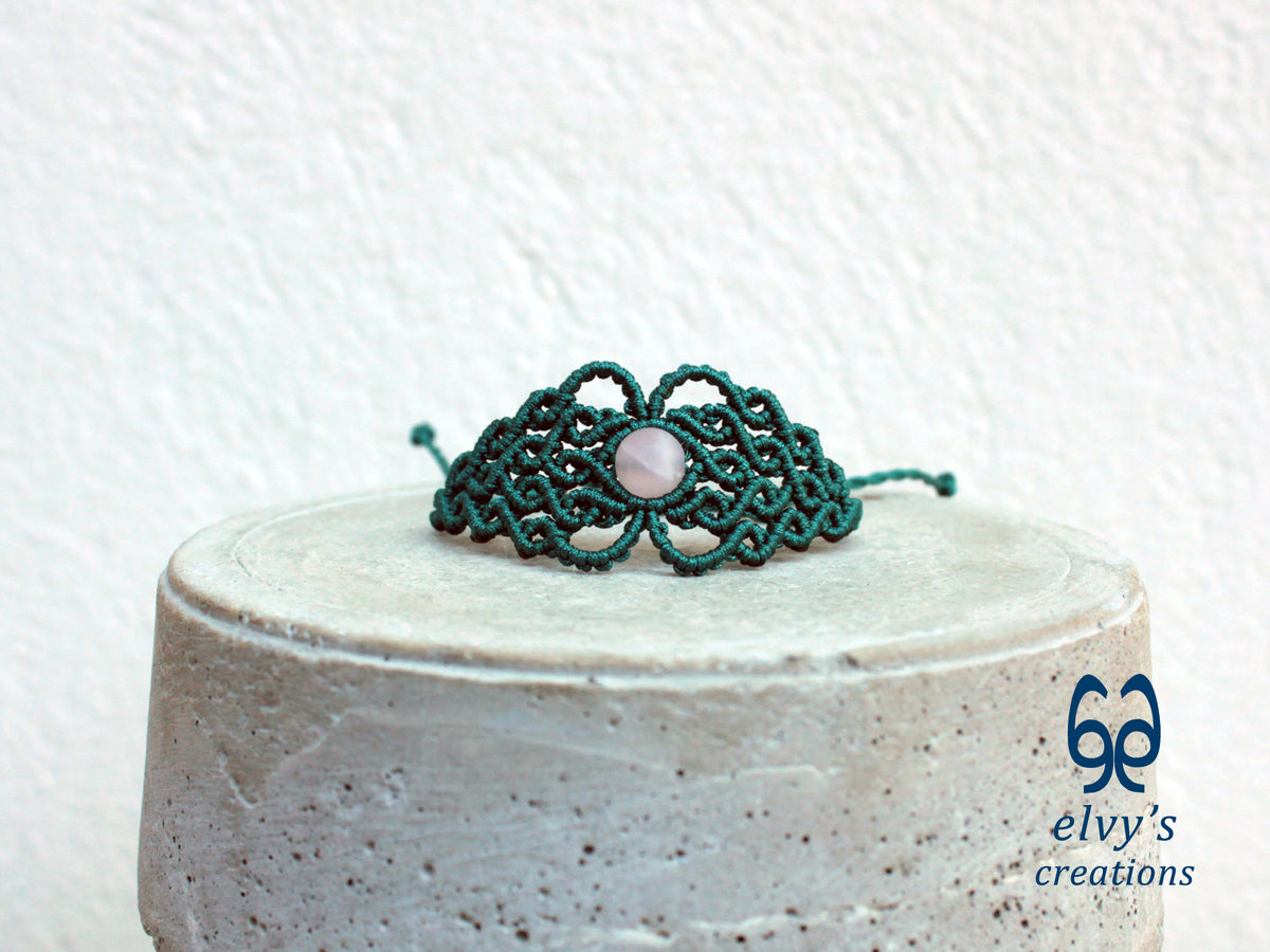 Handmade Green Macrame Bracelet with Pink Beryl Gemstone