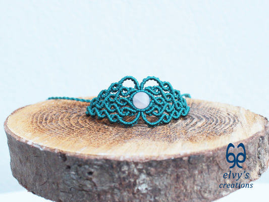 Handmade Green Macrame Bracelet with Pink Beryl Gemstone