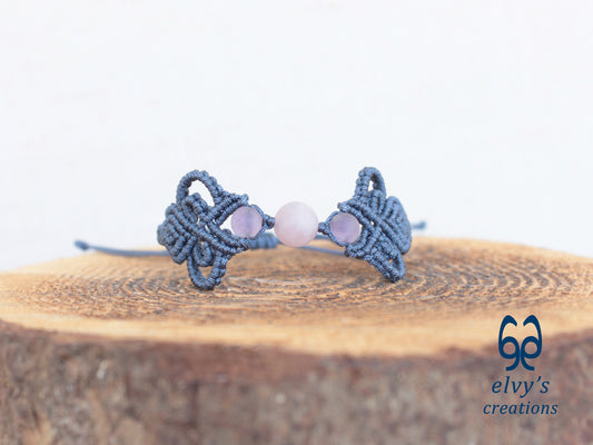 Blue Macrame Bracelet with Purple Beryl Gemstones Boho Bracelet for Women