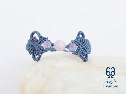 Blue Macrame Bracelet with Purple Beryl Gemstones Boho Bracelet for Women