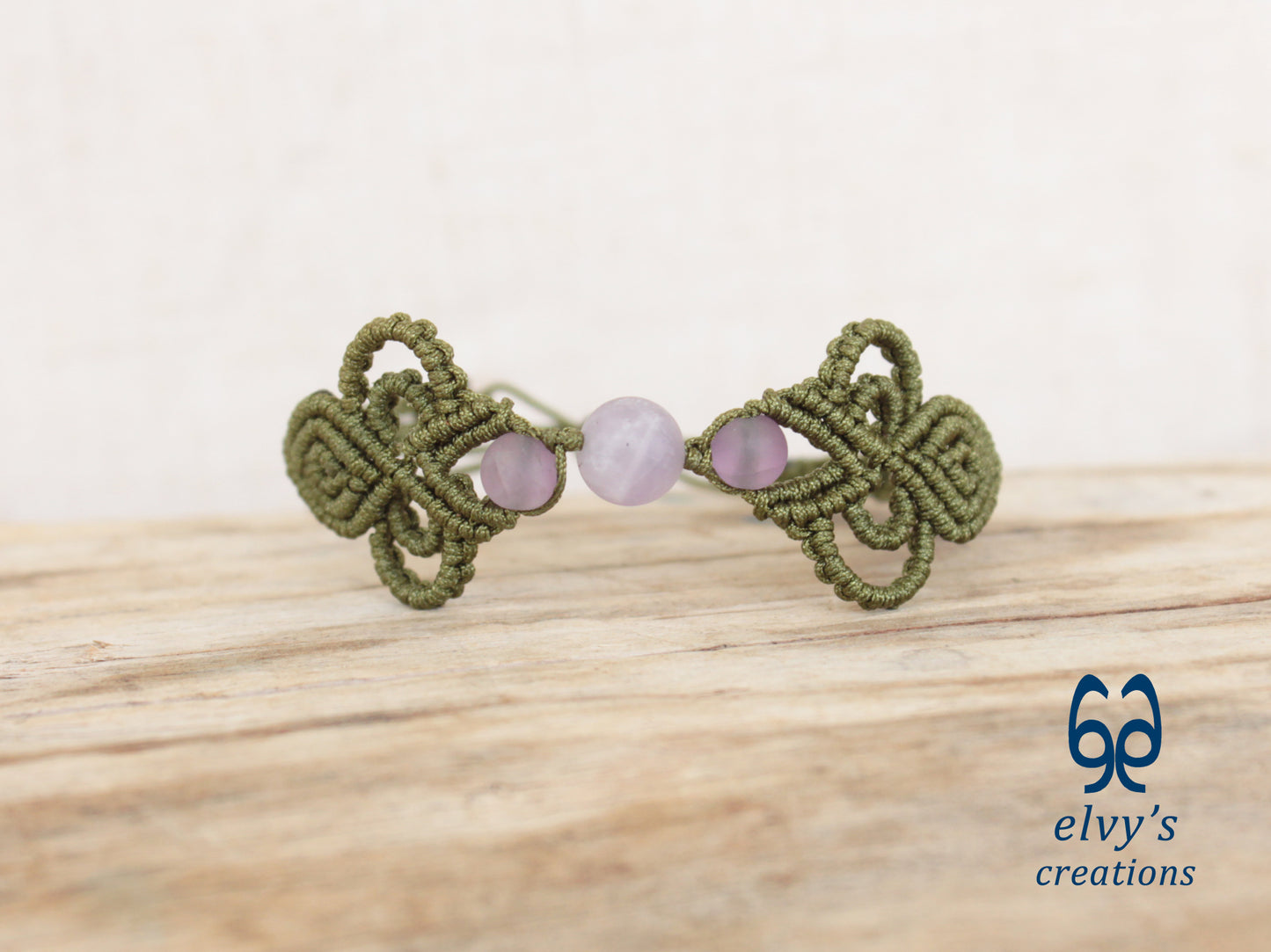 Khaki Green Macrame Bracelet with Purple Beryl Gemstones Boho Bracelet for Women