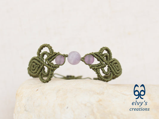 Khaki Green Macrame Bracelet with Purple Beryl Gemstones Boho Bracelet for Women