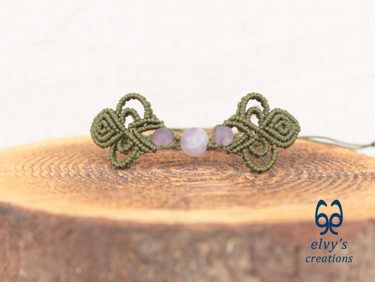 Khaki Green Macrame Bracelet with Purple Beryl Gemstones Boho Bracelet for Women