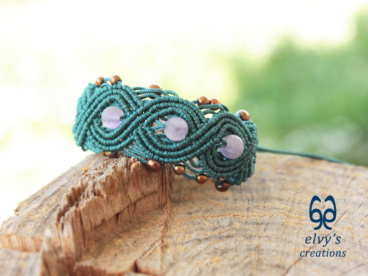 Green Macrame Bracelet with Beryl and Bronze Hematite Gemstones Boho Bracelet for Women