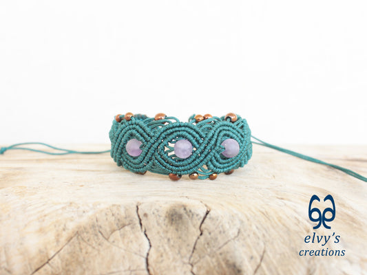 Green Macrame Bracelet with Beryl and Bronze Hematite Gemstones Boho Bracelet for Women