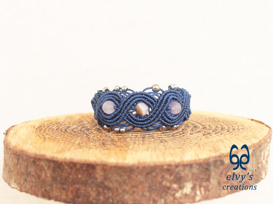 Blue Macrame Bracelet with Beryl and Silver Hematite Gemstones Boho Bracelet for Women