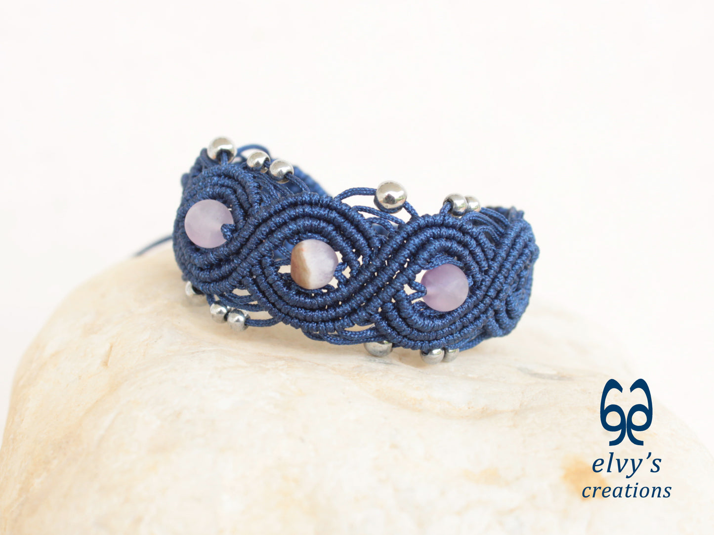 Blue Macrame Bracelet with Beryl and Silver Hematite Gemstones Boho Bracelet for Women