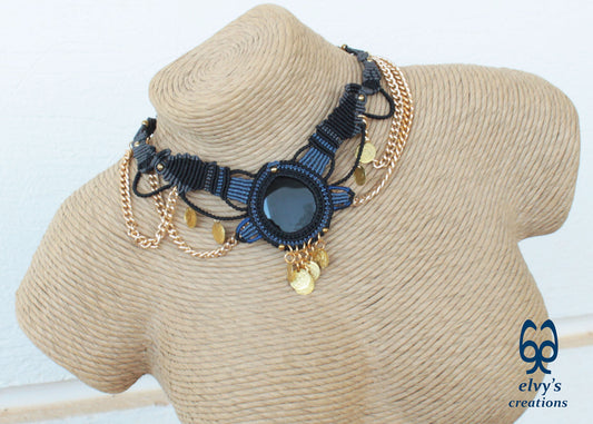 Black Macrame Necklace with Agate, Blue Handmade Gypsy Necklace, Gray Choker with Gold Coins