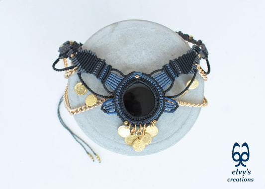 Black Macrame Necklace with Agate, Blue Handmade Gypsy Necklace, Gray Choker with Gold Coins
