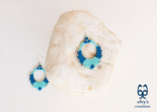 Blue Turquoise Macrame Earrings Silver Hematite Gemstones Hoop Earrings