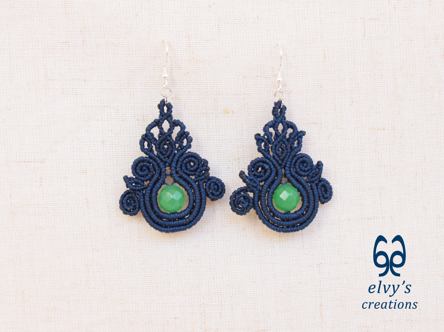 Handmade Blue Macrame Earrings with Green Jade Gemstones Silver Macrame Earrings