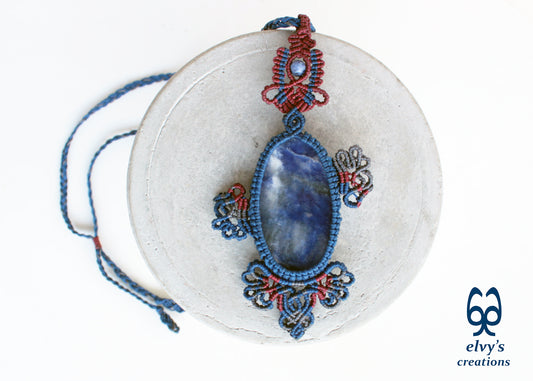 Blue Handmade Macrame Necklace with Sodalite Wrapped Gemstone Necklace