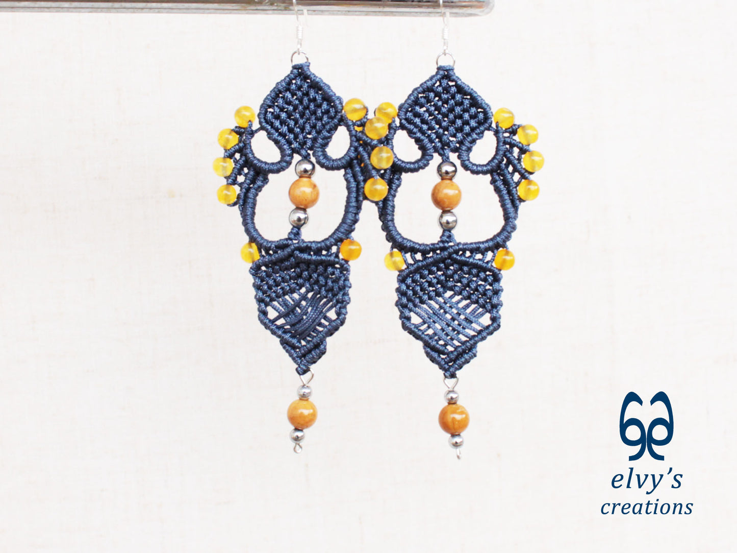 Handmade Blue Macrame Earrings with Agate Gemstones Macrame Jewelry