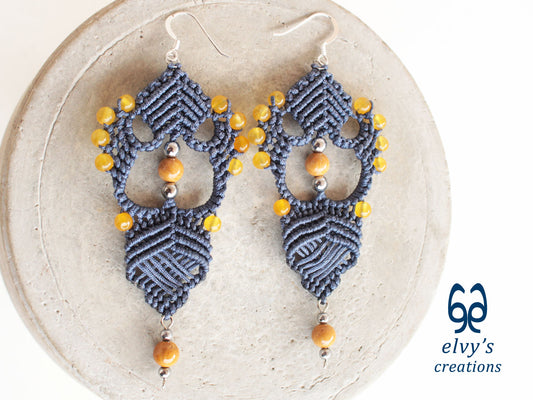 Handmade Blue Macrame Earrings with Agate Gemstones Macrame Jewelry