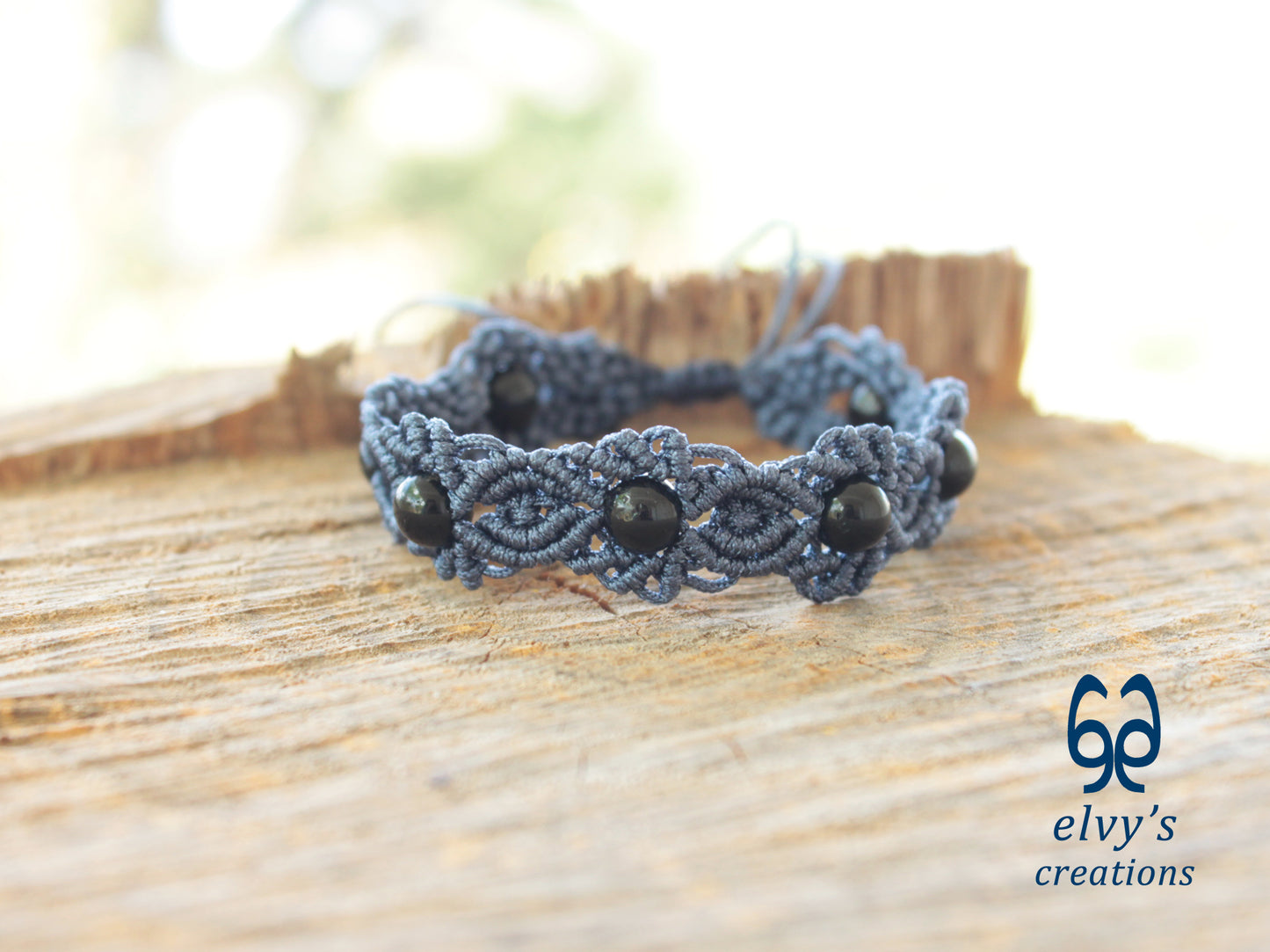 Handmade Macrame Bracelet, Black Onyx Gemstone Beaded Cuff, Unique Birthday Gift for Women or Men