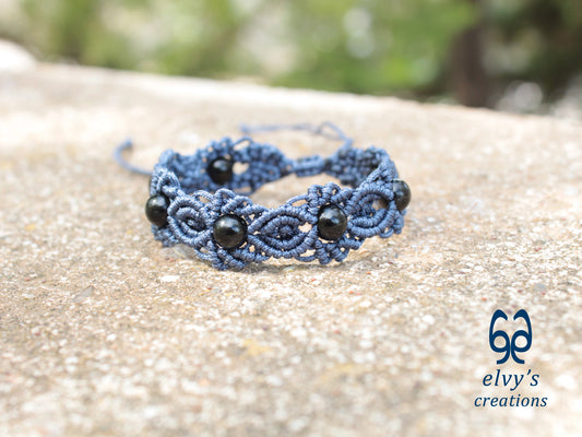 Handmade Macrame Bracelet, Black Onyx Gemstone Beaded Cuff, Unique Birthday Gift for Women or Men