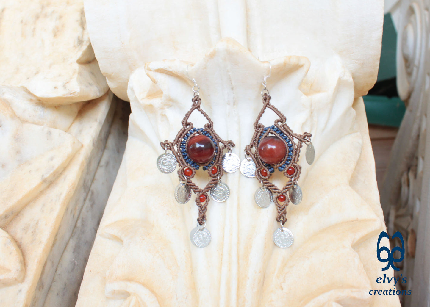 Brown Macrame Earrings with Carnelian Gemstones and Coins