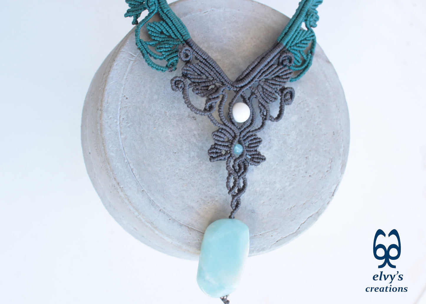 Gray Macrame Necklace Handmade Macrame Choker with Amazonite Macrame Jewelry