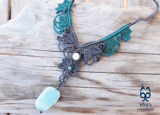Gray Macrame Necklace Handmade Macrame Choker with Amazonite Macrame Jewelry