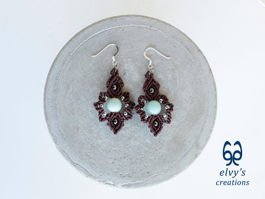 Handmade Brown Macrame Earrings with Chalcedony Gemstones
