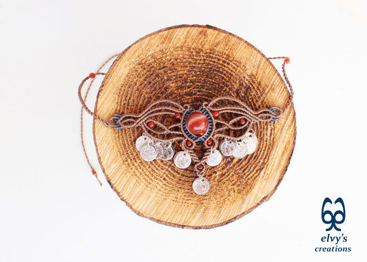 Brown Macramé Choker Necklace with Carnelian Gemstone Adjustable Macramé Necklace