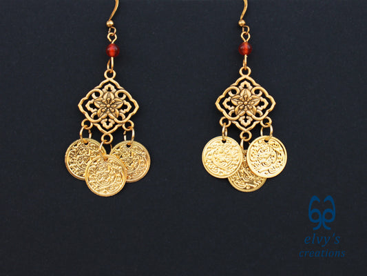 Handmade Greek Gold Traditional Earrings with Carnelian Gemstone and Flower Element