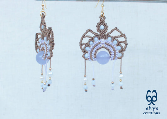 Handmade Beige Macrame Silver Earrings with Purple Chalcedony and Pearls