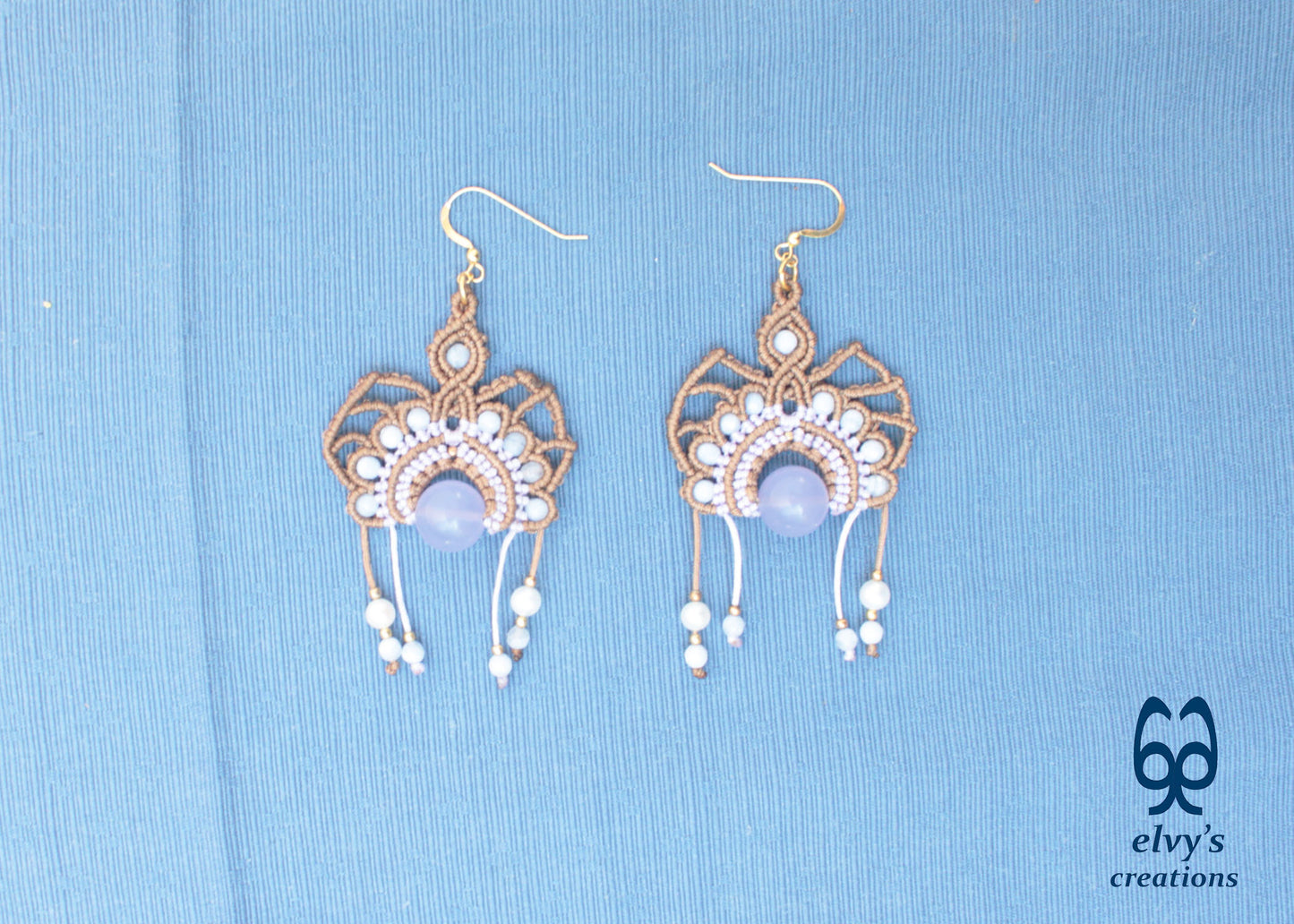 Handmade Beige Macrame Silver Earrings with Purple Chalcedony and Pearls