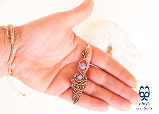 Brown Macrame Earrings with Beryl Gemstones Handmade Silver Earrings