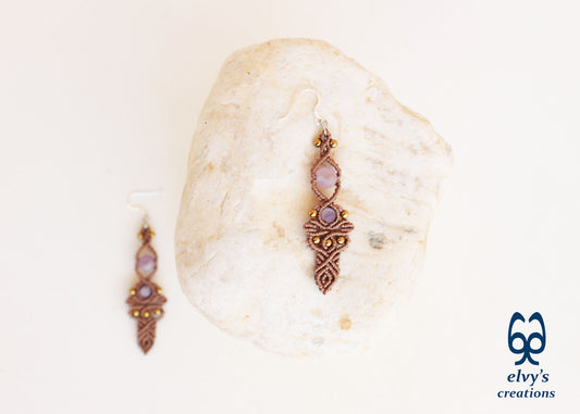 Brown Macrame Earrings with Beryl Gemstones Handmade Silver Earrings