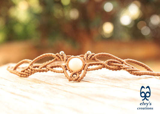 Dark Beige Macrame Necklace with Pink Quartz Gemstone Boho Choker with Silver Hematite Gemstones