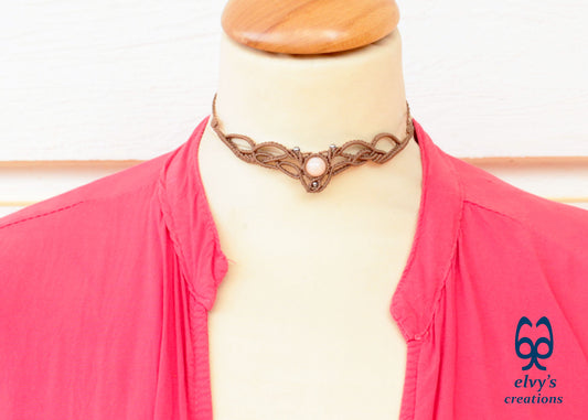 Dark Beige Macrame Necklace with Pink Quartz Gemstone Boho Choker with Silver Hematite Gemstones