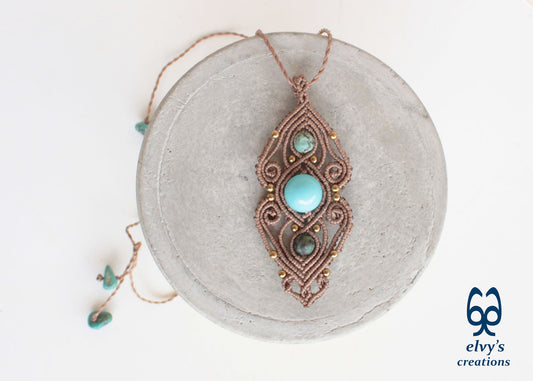 Rusty Gold Macrame Necklace with Turquoise Gemstones Gold Macrame Pendant