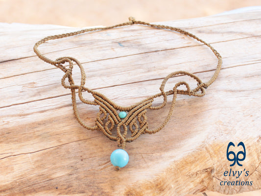 Handmade Dark Gold Macrame Necklace with Turquoise Gemstones Choker