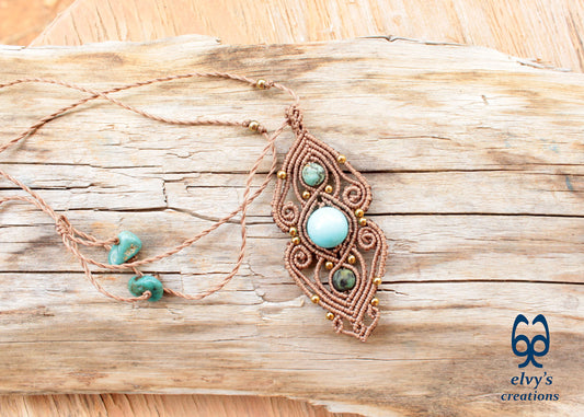 Rusty Gold Macrame Necklace with Turquoise Gemstones Gold Macrame Pendant