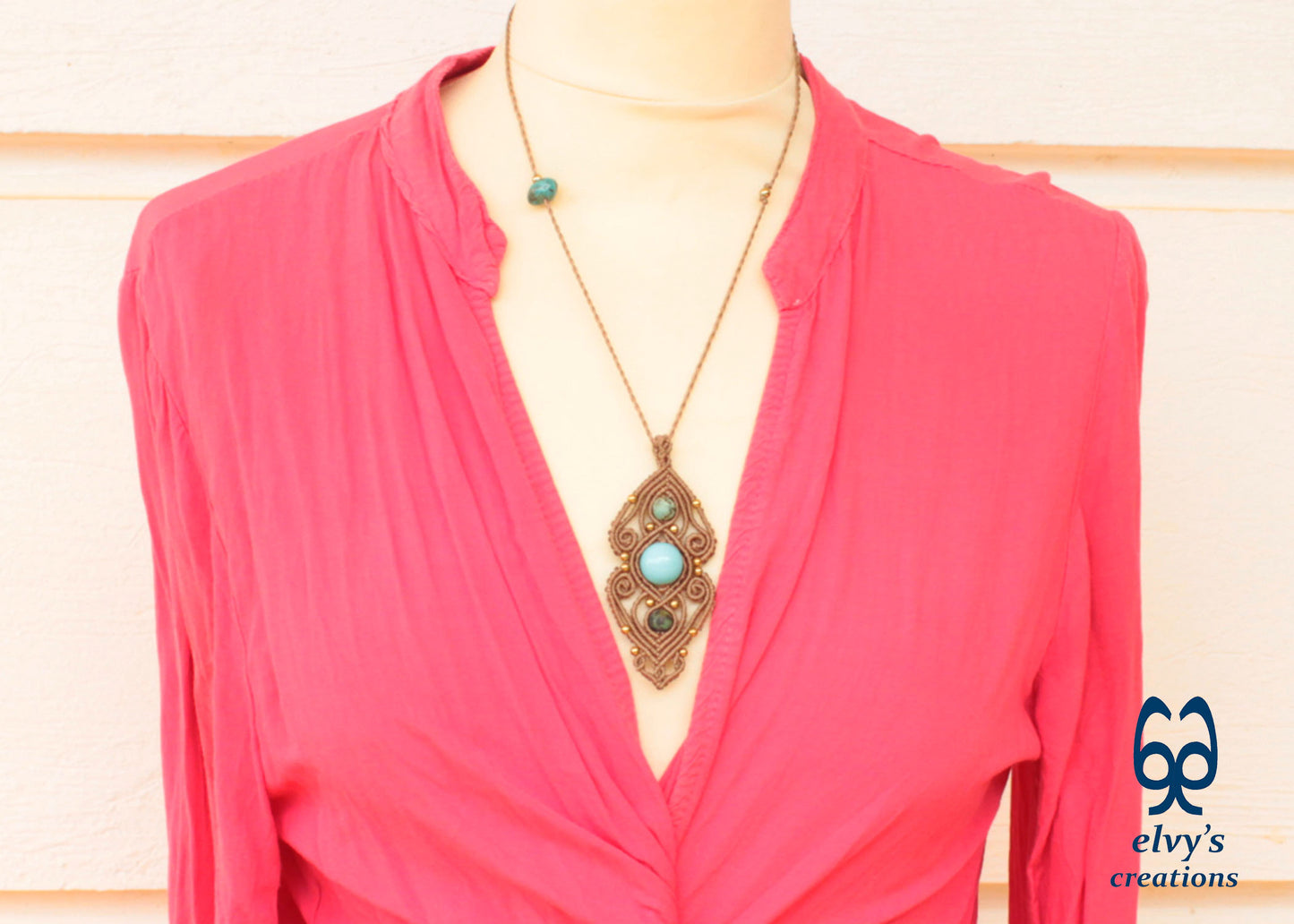 Rusty Gold Macrame Necklace with Turquoise Gemstones Gold Macrame Pendant