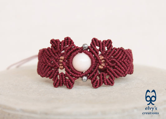 Red Macrame Bracelet with Pink Quartz Gemstone Adjustable Gemstone