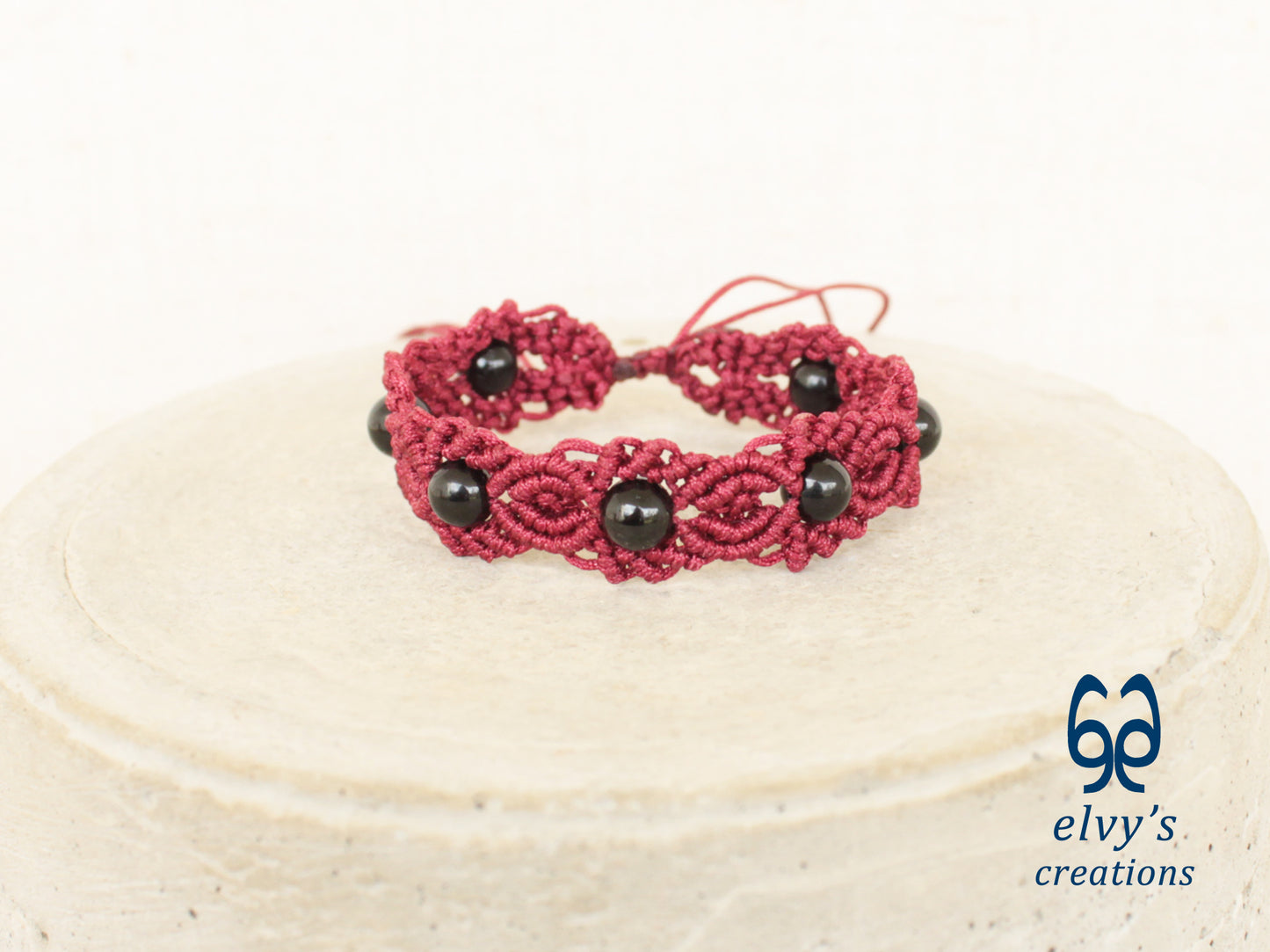 Handmade Macrame Bracelet, Black Onyx Gemstone Beaded Cuff, Unique Birthday Gift for Women or Men