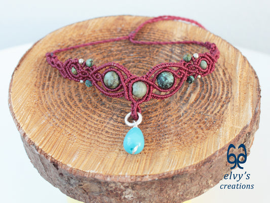 Handmade Dark Red Macrame Necklace with Turquoise Gemstones Adjustable