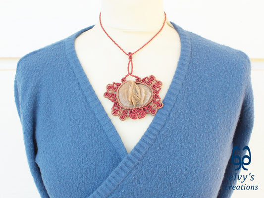 Handmade Bronze and Red Macrame Necklace with Desert Rose Gemstone Boho Gemstone Pendant