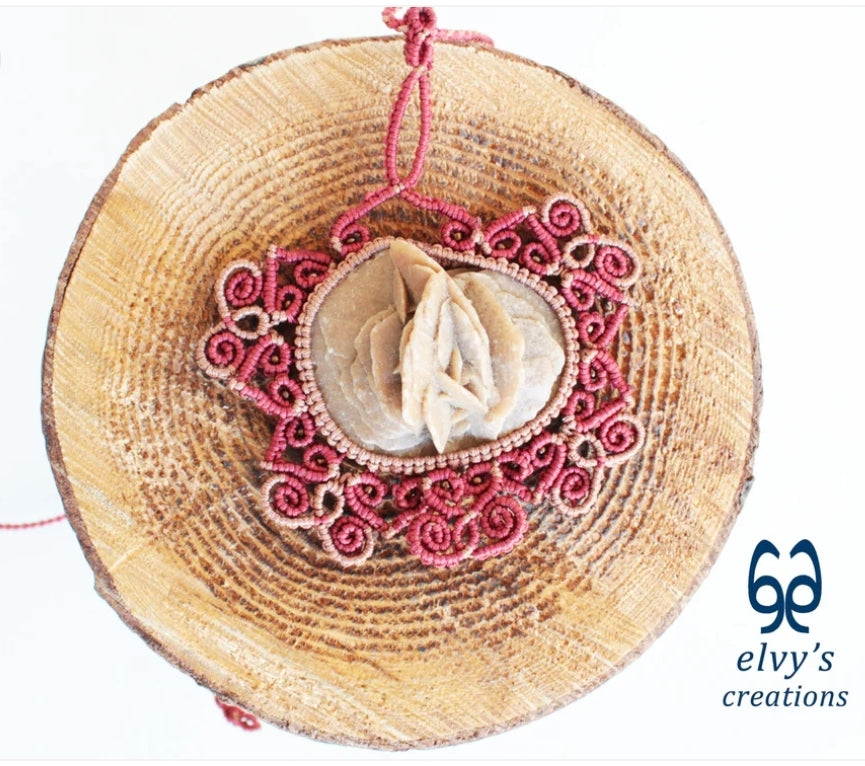 Bronze and Red Macrame Necklace with Desert Rose Gemstone